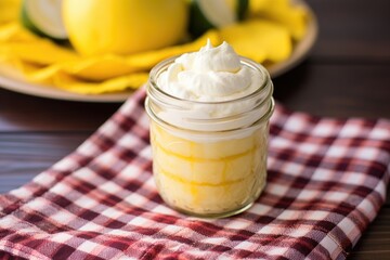 Wall Mural - lemon mousse in a mason jar on a checkered napkin
