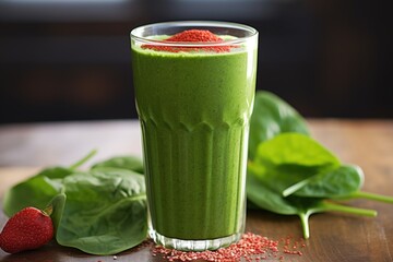 Wall Mural - green and red smoothie in a tall glass on a table