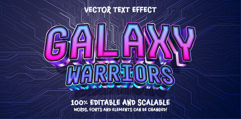 Wall Mural - Galaxy Warriors 3d Editable Text Effect Cartoon Style Premium Vector, purple blue cyberpunk