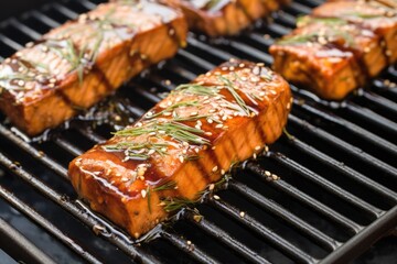 Sticker - close-up of teriyaki marinade pooling on tofu steaks