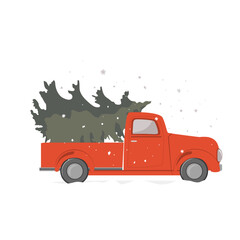 Christmas red retro truck with a Christmas tree on a white background. Vintage pickup truck with a fir tree, vector illustration.