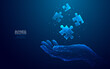 Digital puzzle hologram on a hand. Success solution concept. Abstract jigsaw pieces on technology blue background in futuristic low poly wireframe style. Human palm-holding puzzle. Vector illustration