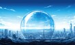 A futuristic metropolis resides beneath the sheltering canopy of a magnificent glass dome.