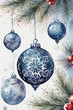 Christmas bauble with snowflakes on blue background. Watercolor illustration.