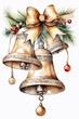 Watercolor christmas bell with bow and holly berry.