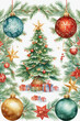 Christmas tree with decorations and gift boxes. Watercolor Christmas background.