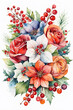 Watercolor floral bouquet with red and white flowers and berries.