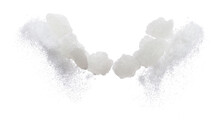 Rock Sugar Mix Refined Ground Dust Fly Explosion, White Crystal Rock Sugar Abstract Cloud Floating. Big Rock Sugar Splash Throwing In Air. White Background Isolated High Speed Freeze Motion