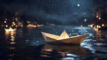 Paper Boat Sailing On The River In The Rain
