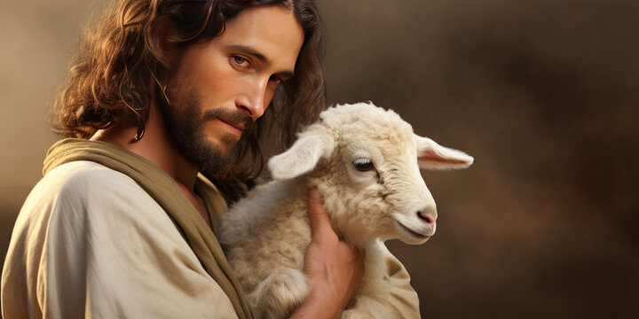 Jesus Christ gently holding a cute lamb with sense of protection and care