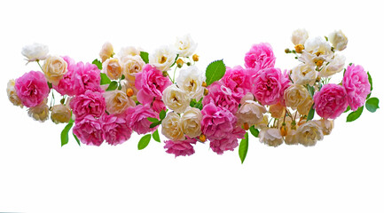 Wall Mural - garland of bright summer white and pink roses on a white background