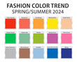 Fashion Color Trend Spring - Summer 2024. Trend colors palette guide. Brush strokes of paint color with names swatches. Future color trend forecast. Vector illustration