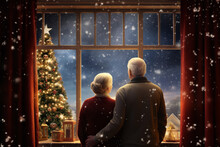 A Senior Couple Standing By Their Christmas Tree Looking Out Their Large Picture Window On A Snowy Scene With A Star-cross In The Sky