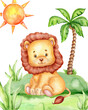 Watercolor cute lion; hand drawn illustration