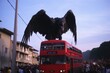 Tourist bus on the street of Barcelona, Flamengo fans following their bus. Huge vulture, AI Generated