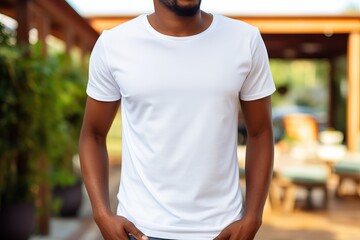 Wall Mural - Unrecognizable bearded man on backyard of his house wearing plain white t-shirt. mock up print design