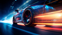 High-speed Sports Car Wheel In Motion With Blue Neon Light