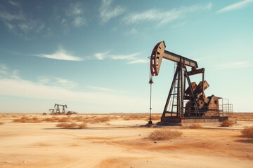 oil rigs oil pump energy industrial machine for petroleum in the middle of the desert on the blue sky background.