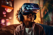 © ADDICTIVE STOCK - Generative AI image of positive African American boy in VR goggles smiling while exploring cyberspace in decorated room at home