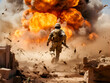 Soldier running into battle fighting warzone world war explosions 3d photography realistic