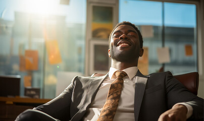 Attractive, cheerful, successful, stylish business man or lawyer enjoying break time in his office with sunlight, having fun, holding hands behind the head,sitting at desk in sun ray, beam, light, 