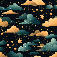 Wall Mural - Night sky cartoon repeat pattern