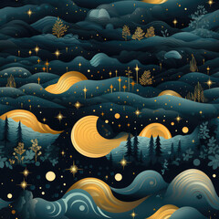 Wall Mural - Night sky cartoon repeat pattern