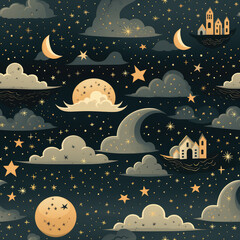 Wall Mural - Night sky cartoon repeat pattern