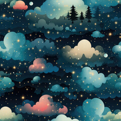 Wall Mural - Night sky cartoon repeat pattern