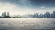 Empty Square Floor And City Skyline With Building Background