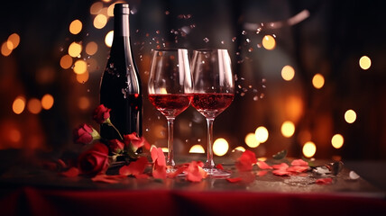 Happy Valentine's Day Next to it is a gift box with a bouquet of red roses, falling petals, and two pairs of wine glasses on a blurred background. Surprise on a happy night. Generative AI