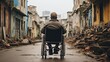 Disabled man in wheelchair rides through ruined city. Generative AI