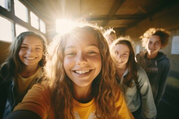 Wall Mural - selfie of teenage best friends with beautiful sunshine in the background