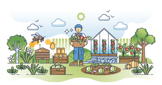 Urban farming and Locavore movement to grow local food outline concept. Produce fresh bio vegetables, greens and roots yourself in home garden vector illustration. Healthy and sustainable lifestyle.