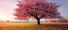 Tree Of Japanese Sakura In Spring On Meadow, Isolated Cherry Tree On The Horizon. Landscapes
