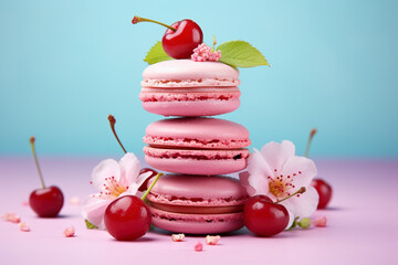 Sticker - Pink cherry French macaron pastries with fruits in front of blue background