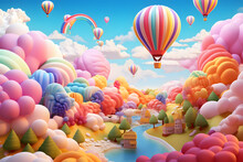 Colorful Air Balloons In Sky, Pink Clouds, Rainbow  3D Background