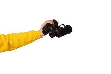 Wall Mural - binoculars in hand isolated on transparent background, find and search concept.