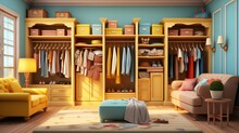 Style 3d Wardrobe Is Full Of Colorful Bags And Coats, In The Style Of Photo-realistic Compositions, Dark Azure And Yellow, Charming Vignettes, Azure