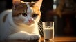 A striking cat curiously attempts to sip milk from a tall glass, its eyes fixated on the challenge, a whimsical moment immortalized. Generative AI.