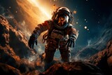 Fototapeta  - Witness an astronaut on precipice of the unknown, as they step onto the uncharted surface of an extraterrestrial planet.