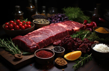 Raw beef , pork steak with spices and herbs on wooden board, closeup