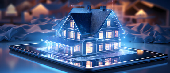 A house on a tablet with light neon background. A smart house concept. Cloud based technology