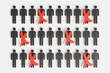 Rows of black human shaped wooden block with red crosses above some of them. Illustration of the concept of downsizing and layoff of employees and selection of candidates