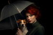 Red-haired woman and dog jack russell terrier under an umbrella. High-resolution