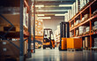 © lanters_fla - A modern storehouse full of shelves with goods in cartons, pallets, and forklifts. Logistics, and transportation concept on blurred background. Product distribution center.