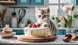 Fototapeta  - おしゃれなケーキとかわいい子猫　台所でいたずらをする猫