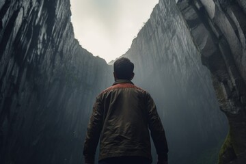 Poster - A man standing in a narrow canyon. Perfect for adventure, exploration, and outdoor-themed projects.