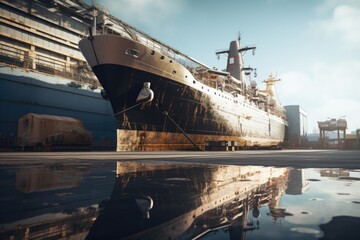 Poster - A picture of a large ship sitting on top of a body of water. Can be used to depict transportation, travel, or maritime industry.