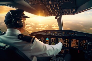 Wall Mural - a pilot seated in the cockpit of a plane, gazing out of the window. this image can be used to depict